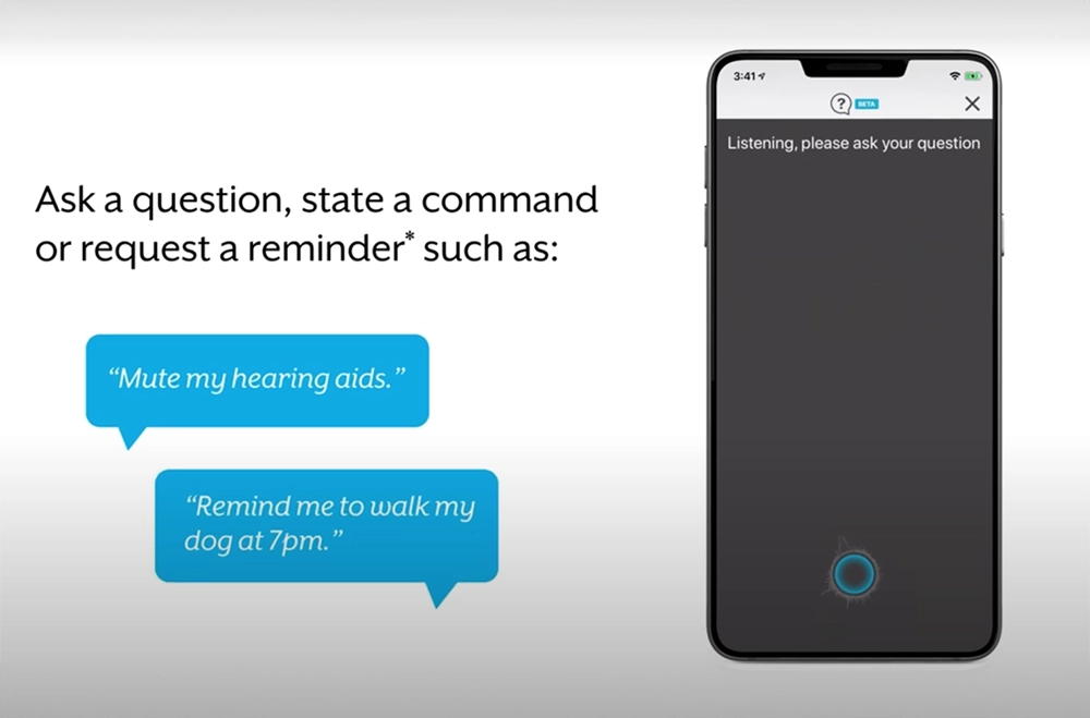 A screenshot of an AI hearing aid virtual assistant smartphone app demonstrating how to use voice commands to adjust your hearing aid settings, set reminders, and ask questions and get answers. 