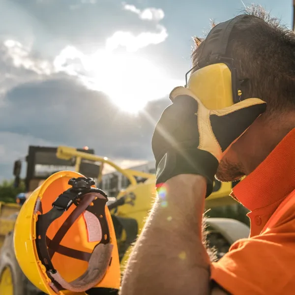 A person outdoors at a construction site, standing near heavy machinery, wearing double hearing protection to prevent noise-induced hearing loss at work