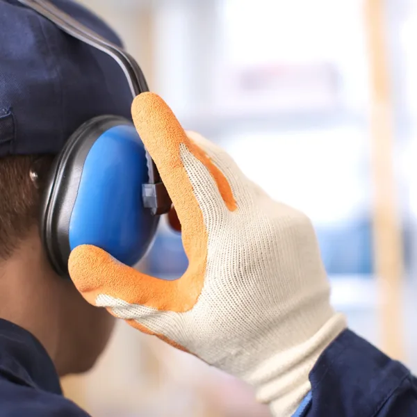 Male worker wearing hearing protector devices earmuffs with a noise reduction rating NRR indoors